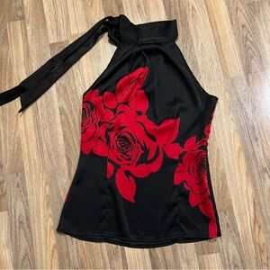 Black Halter Top with Red Floral Design - size S